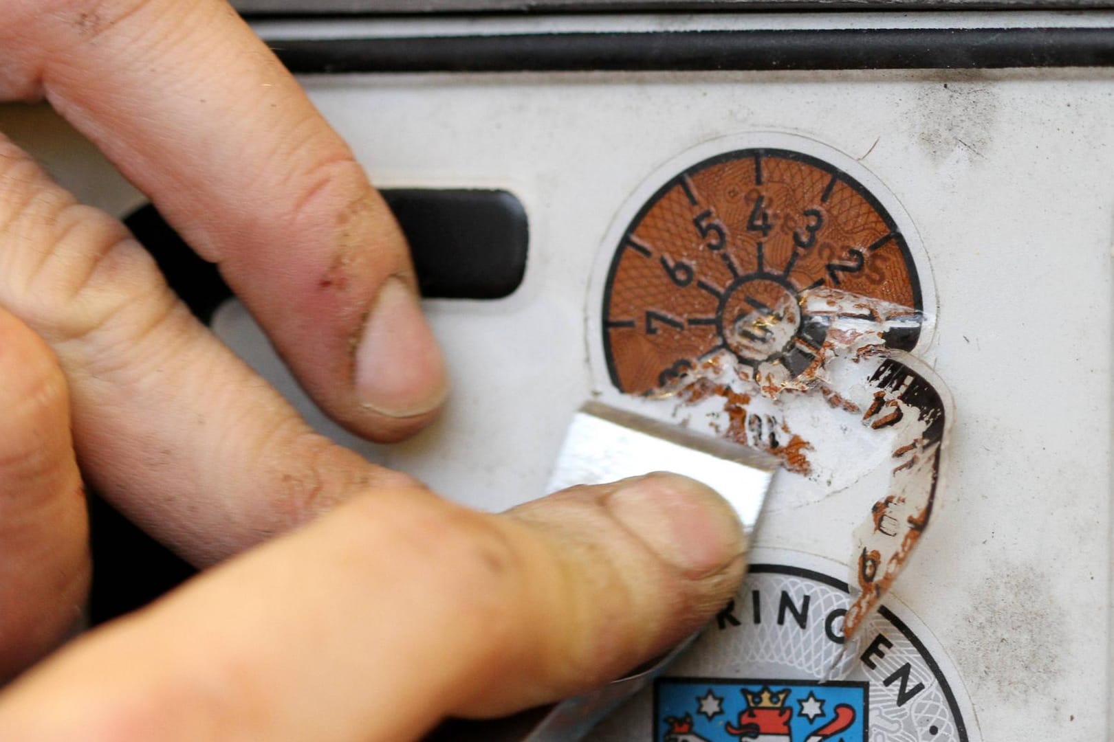Eine TÜV-Plakette wird von einem KFZ-Kennzeichen entfernt: Nach der erfolgreichen Hauptuntersuchung wird eine neue Plakette auf das Kennzeichen geklebt.