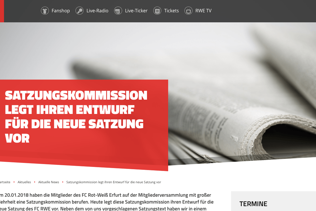 Screenshot der Website von Rot-Weiß Erfurt: Dort wurde am Freitag der Entwurf für die neue Vereinssatzung vorgelegt.