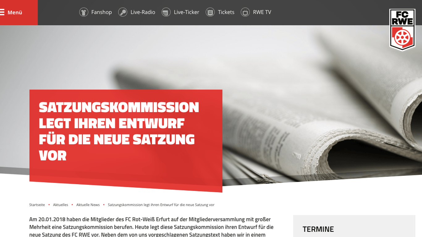Screenshot der Website von Rot-Weiß Erfurt: Dort wurde am Freitag der Entwurf für die neue Vereinssatzung vorgelegt.