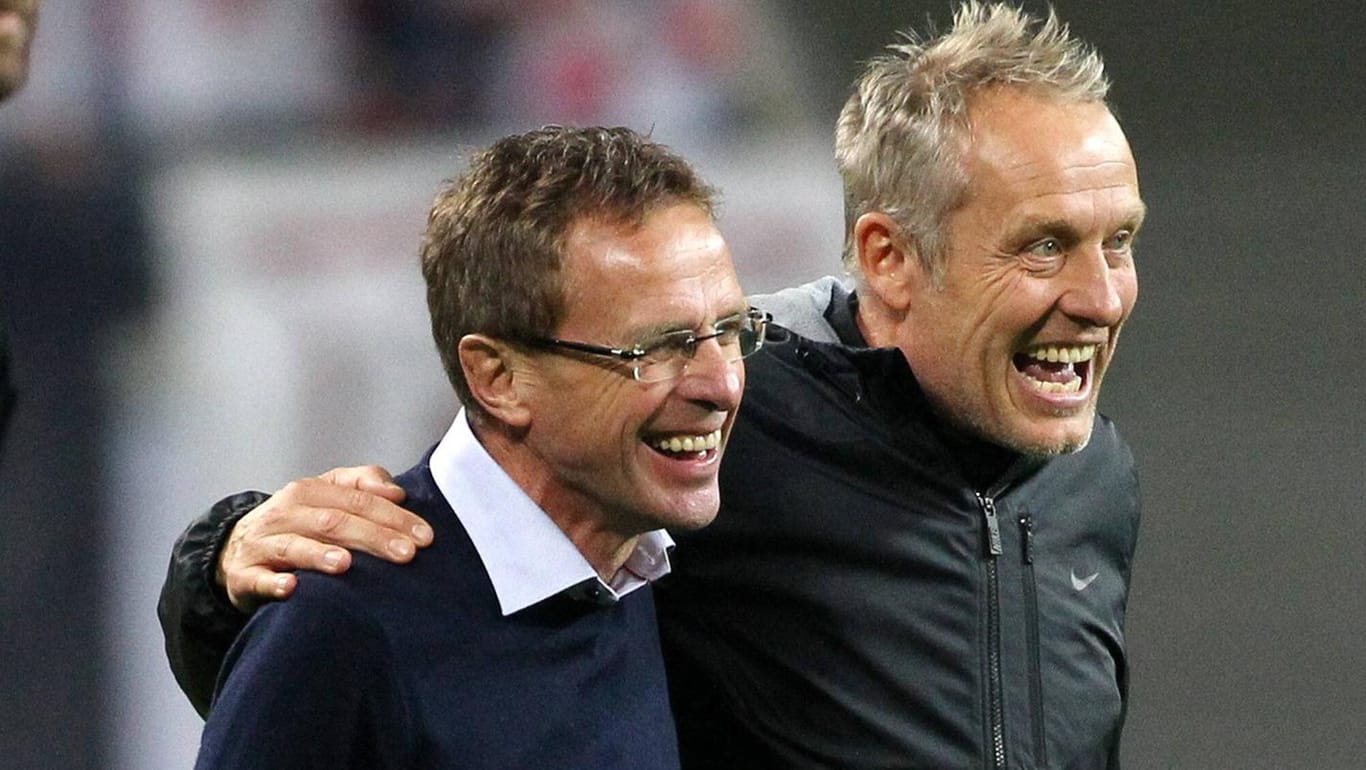 Der ehemalige Leipzig-Trainer Ralf Rangnick (li.) und Freiburgs Coach Christian Streich: Beide Klubs stiegen 2015/2016 in die Bundesliga auf.