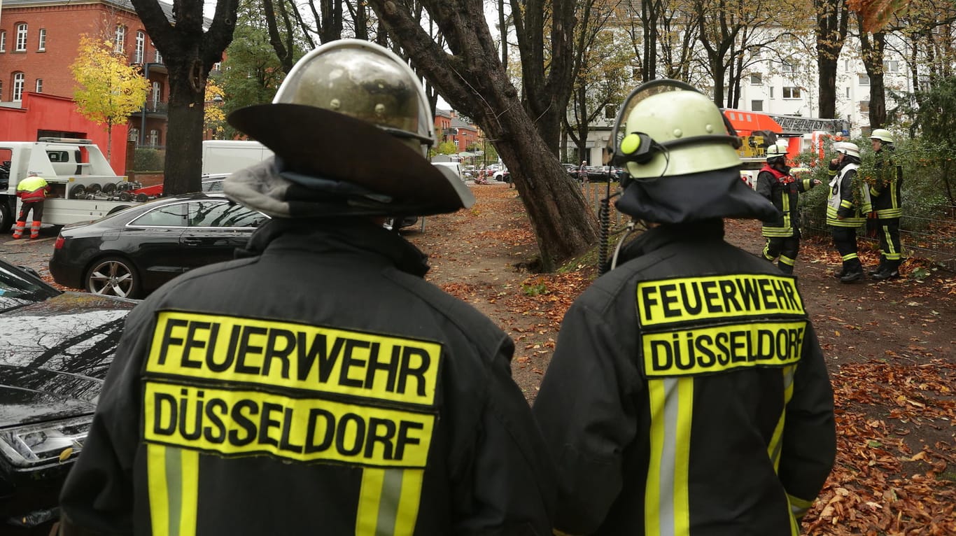 Feuerwehr vor einem Kastanienbaum in Düsseldorf: Nach einem Sturm drohte die große Kastanie auf Autos und ein Haus zu stürzen.