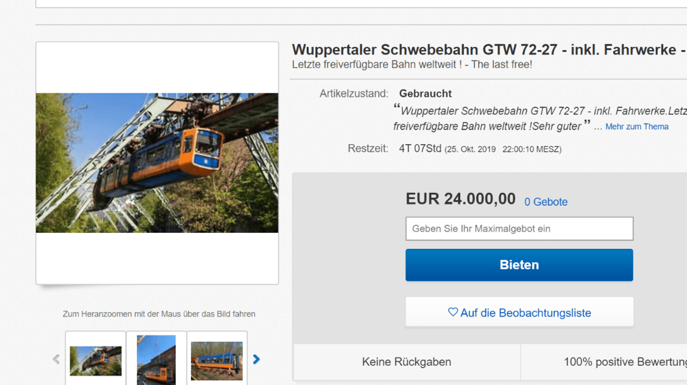 Screenshot eines Ebay-Inserats: Ein Schwebebahn-Wagen wurde dort angeboten.