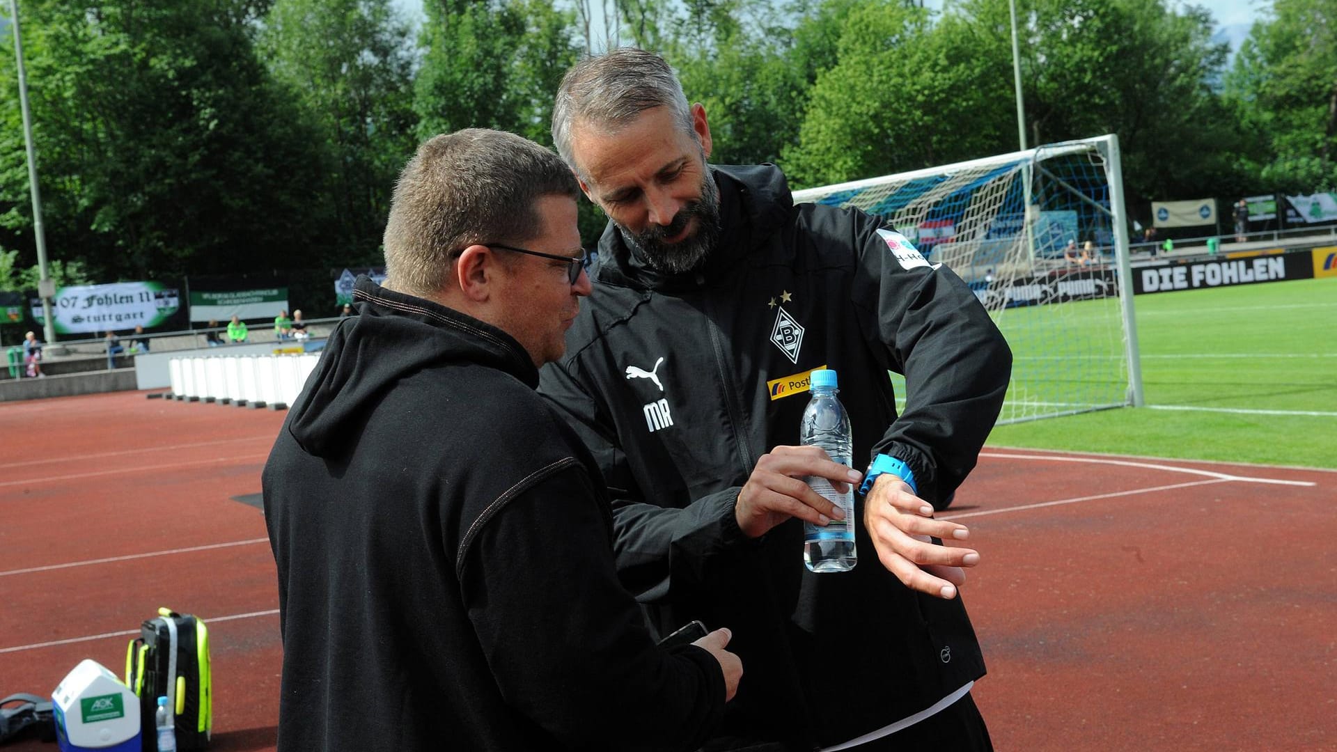 Max Eberl (l.) im Sommer-Trainingslager 2019 mit Trainer Marco Rose.