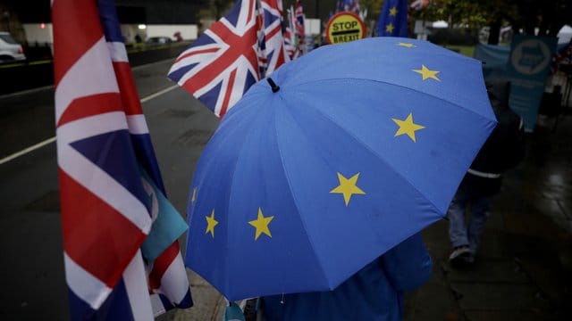 Ein Demonstrant zeigt seine Ablehnung gegen den Brexit vor dem britischen Parlament mit einem EU-Regenschirm.