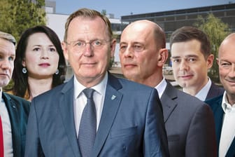 Die Spitzenkandidaten der Landtagswahl Thüringen (von links): Björn Höcke (AfD), Anja Siegesmund (Grüne), Bodo Ramelow (Linke), Wolfgang Tiefensee (SPD), Mike Mohring (CDU) und Thomas Kemmerich (FDP).