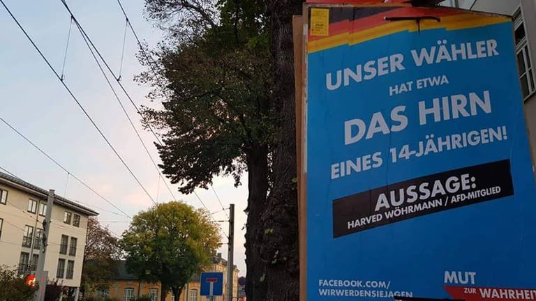 "Von der NPD unterscheiden wir uns nicht durch Inhalte" – in der Optik der AfD-Plakate: Solche Plakate mit echten Zitaten von AfD-Politikern wurden in Thüringen kurz vor der Wahl aufgehängt.