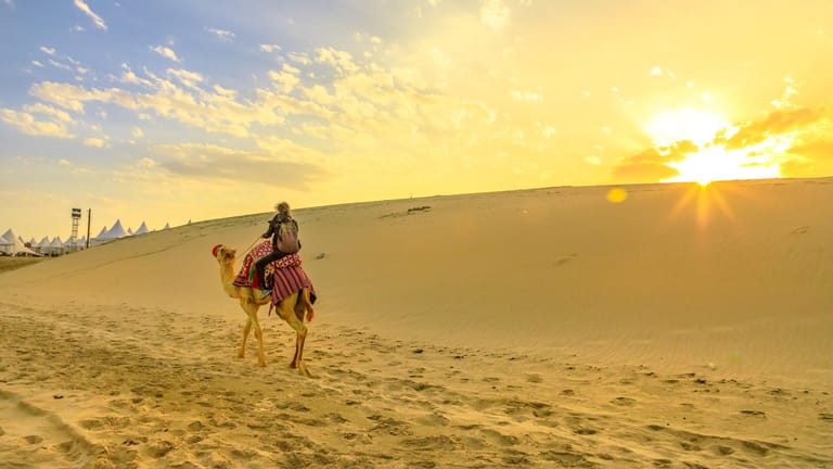 Wüstenritt auf einem Kamel: Saudi-Arabien besteht zu einem Großteil aus Wüstenregionen. Auch die größte Wüste der Erde Rub al-Chali bedeckt das Land.