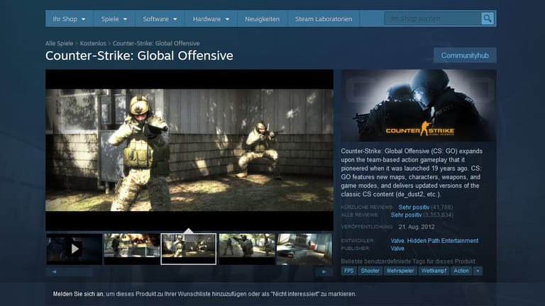 Die Seite von "CS:GO" auf der Spieleplattform Steam: Hersteller Valve hat den Handel mit digitalen Schlüsseln unterbunden.