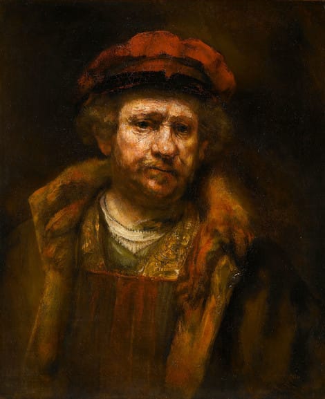 Rembrandt-Werkstatt, Selbstbildnis mit roter Mütze, um 1659, Öl auf Leinwand.