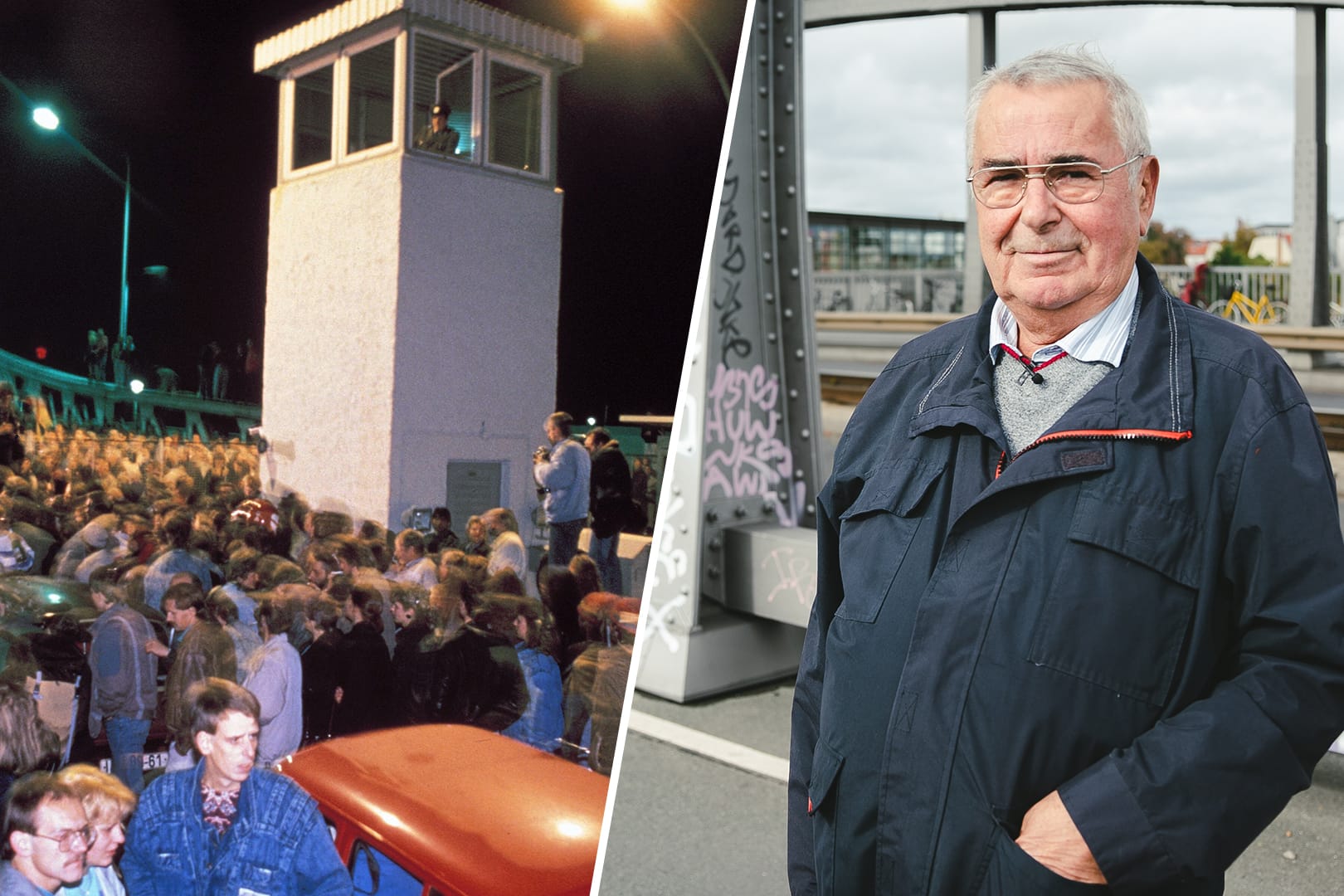 Harald Jäger (r.): Der Oberstleutnant öffnete am 9. November 1989 den DDR-Grenzübergang an der Bornholmer Straße (die Aufnahme links entstand Tage später).