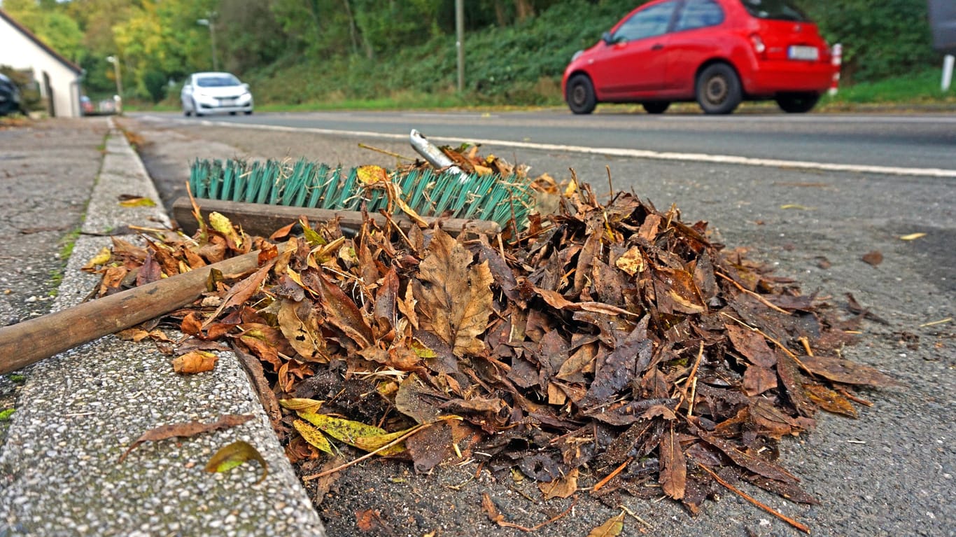 Laub auf einem Bürgersteig: Werden Blätter feucht, sind sie rutschig.