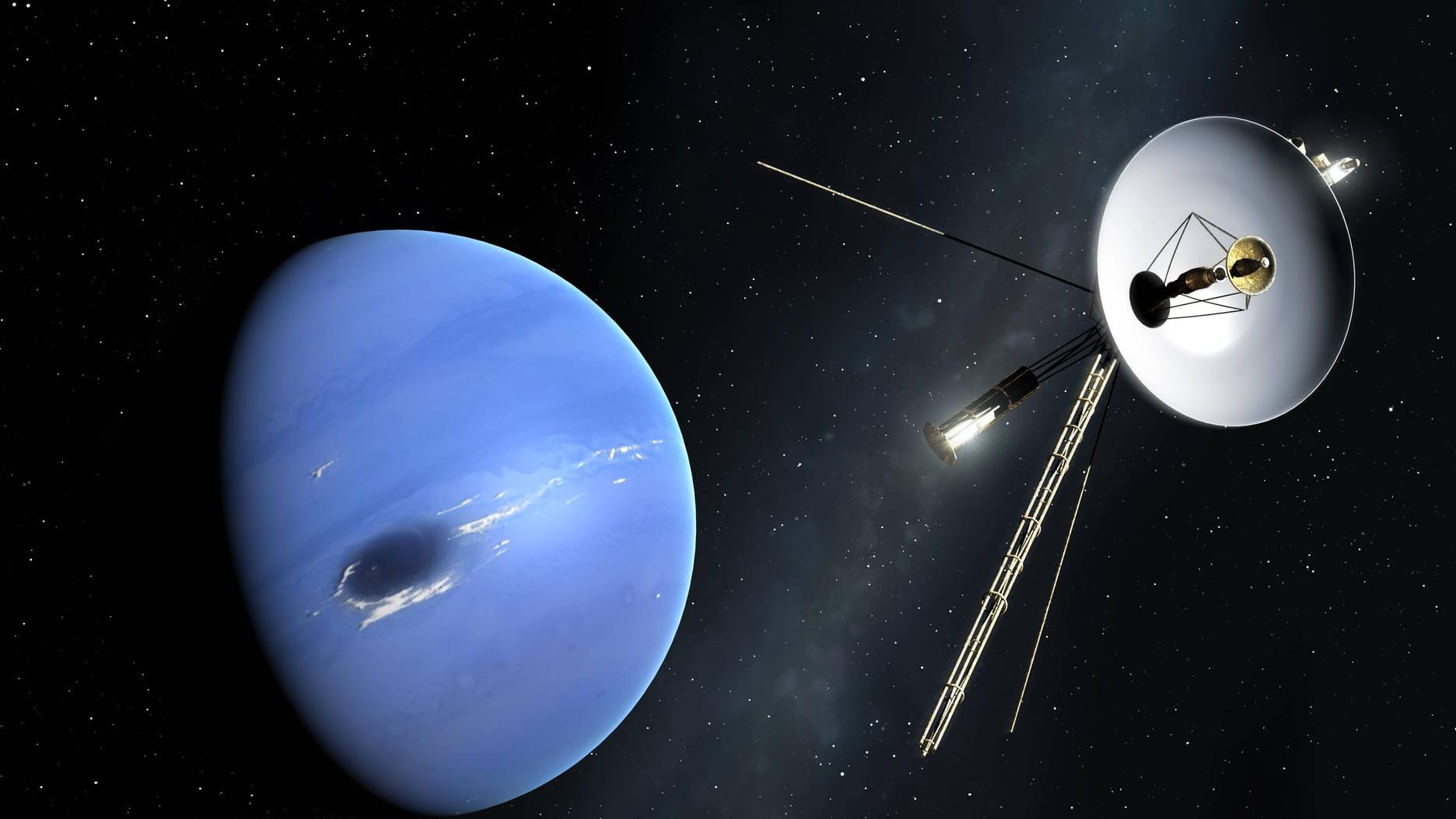 Illustration der Raumsonde "Voyager 2" im Vorbeiflug an Neptun: Seit 1977 sammeln die "Voyager 2" und ihre Schwestersonde "Voyager 1" Daten unseres Sonnensystems.