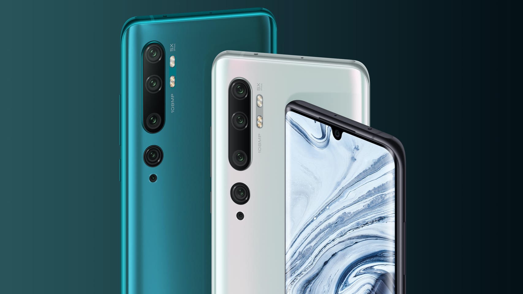 Das Herstellerbild zeigt drei Ausführungen des neuen Xiaomi Mi Note 10: Die innovative Penta-Cam löst mit 108 Megapixeln auf.