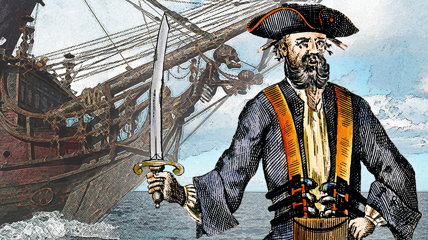 Kapitän Blackbeard (r.) auf einem Stich aus dem 18. Jahrhundert: Der Pirat war im Atlantik gefürchtet, sein Schiff "Queen Anne's Revenge" (Filmszene aus "Pirates of the Caribbean: Fremde Gezeiten") verhieß Unheil.