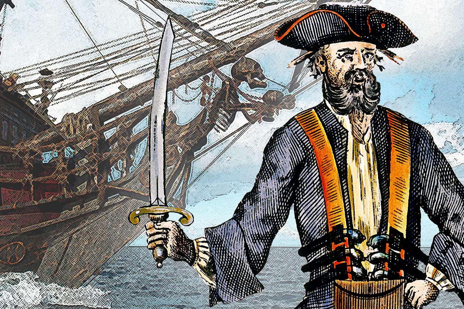 Kapitän Blackbeard (r.) auf einem Stich aus dem 18. Jahrhundert: Der Pirat war im Atlantik gefürchtet, sein Schiff "Queen Anne's Revenge" (Filmszene aus "Pirates of the Caribbean: Fremde Gezeiten") verhieß Unheil.