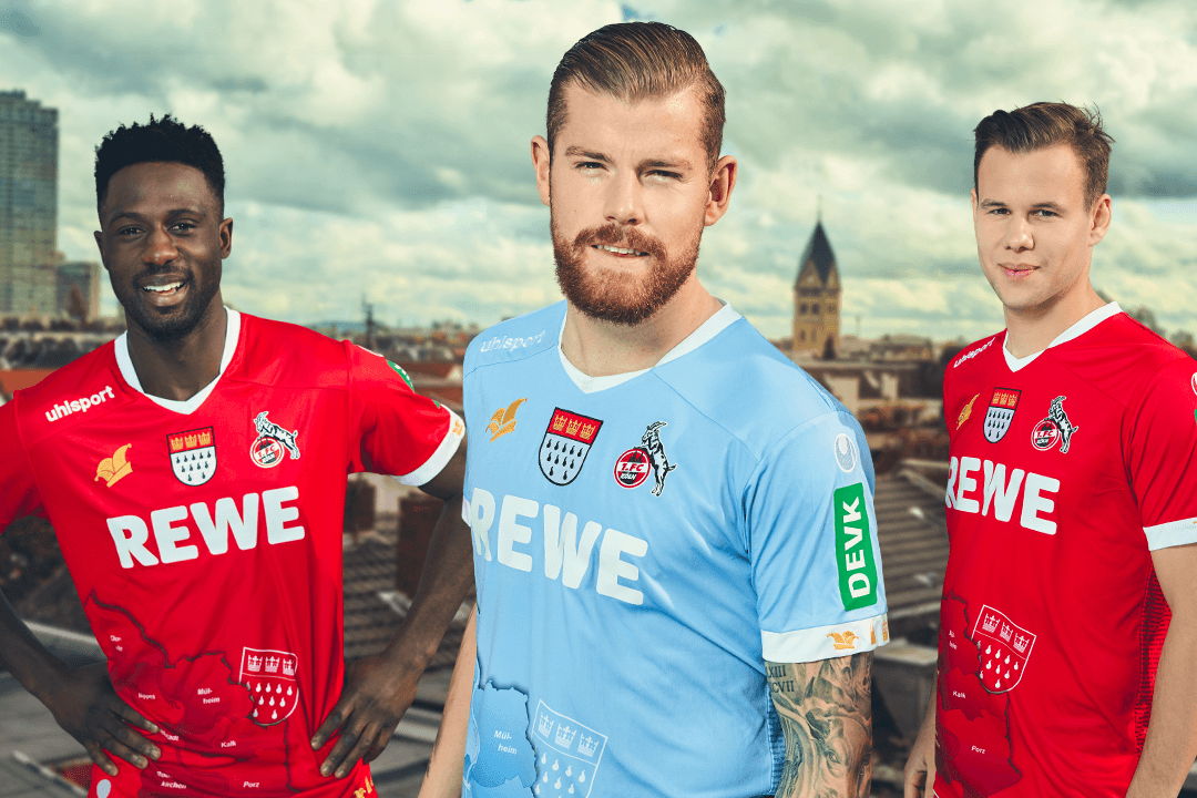 Kölner Spieler, in der Mitte Timo Horn, präsentieren das neue Karnevalskostüm.