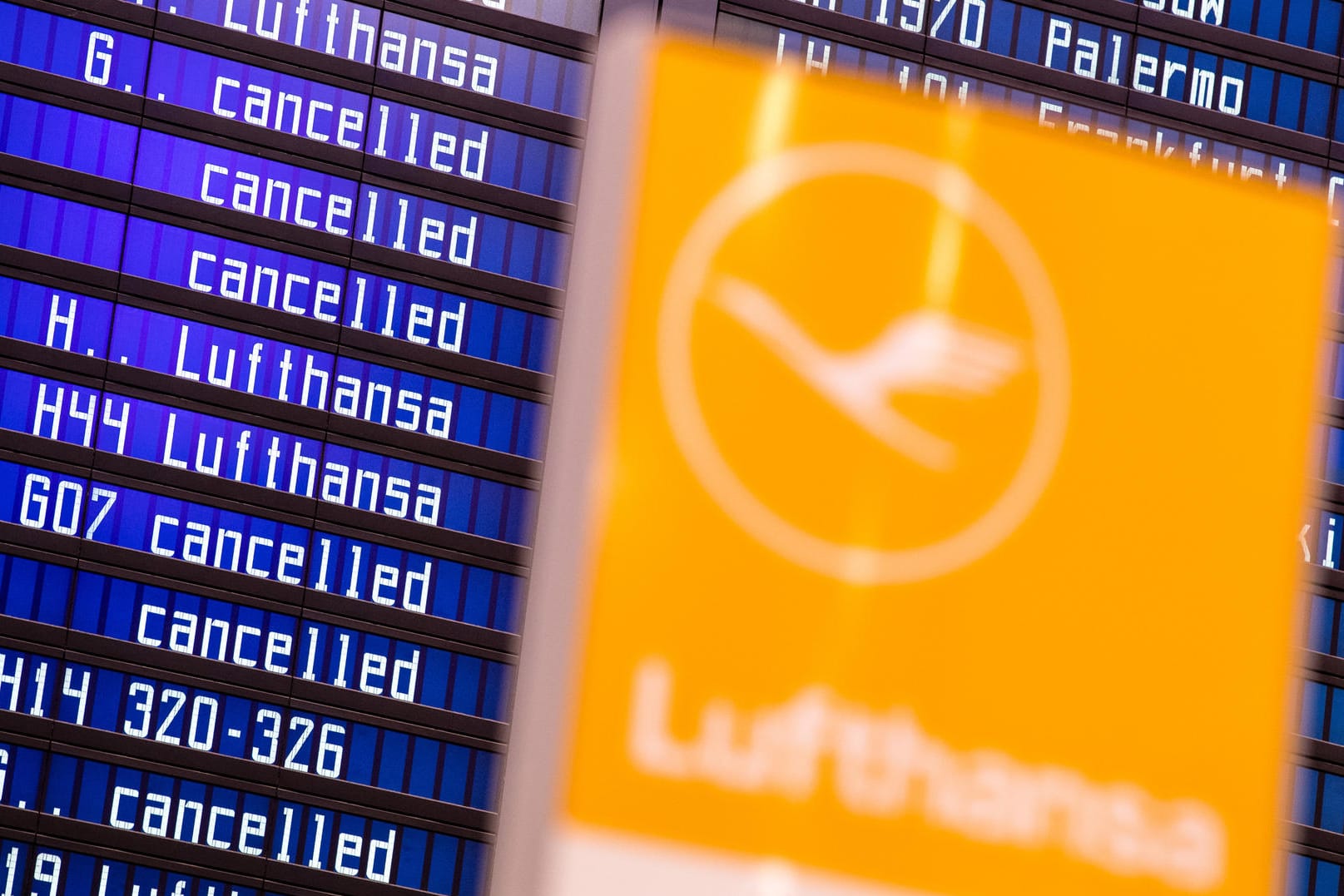 Flüge der Lufthansa werden auf einer Anzeigetafel als gestrichen ausgewiesen: Die Lufthansa sagt wegen des Streiks der Flugbegleiter insgesamt 1.300 Flüge ab. Flüge der Lufthansa werden auf einer Anzeigetafel als gestrichen ausgewiesen: Die Lufthansa sagt wegen des Streiks der Flugbegleiter insgesamt 1.300 Flüge ab.
