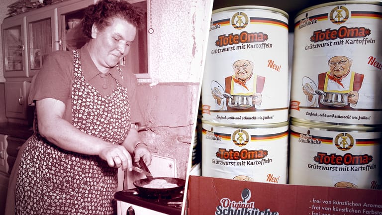 Kochende Frau und Dosen mit der Aufschrift "Tote Oma"