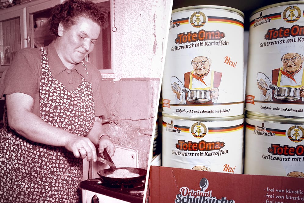 Kochende Frau und Dosen mit der Aufschrift "Tote Oma"
