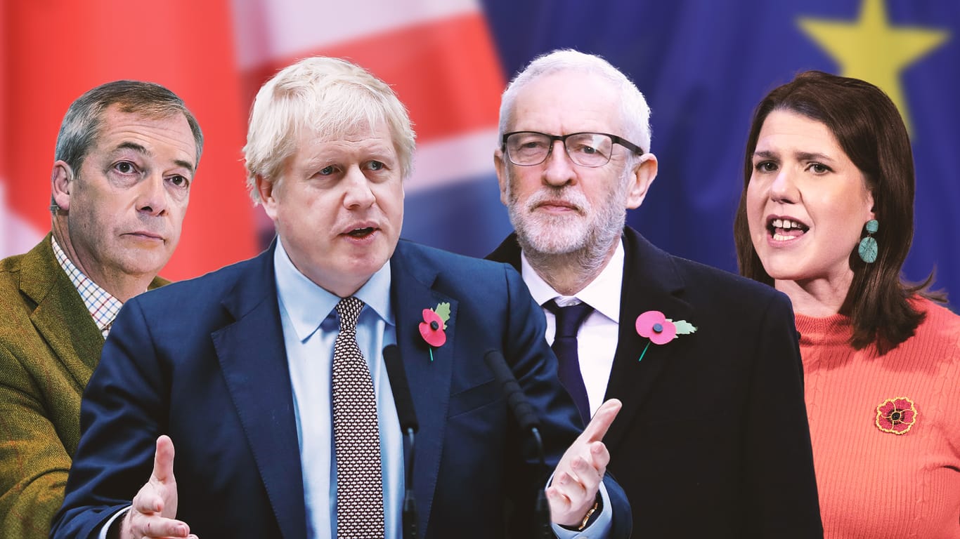 Nigel Farage, Boris Johnson, Jeremy Corbyn und Jo Swinson: Das britische Mehrheitswahlrecht macht den Wahlkampf für sie kompliziert.