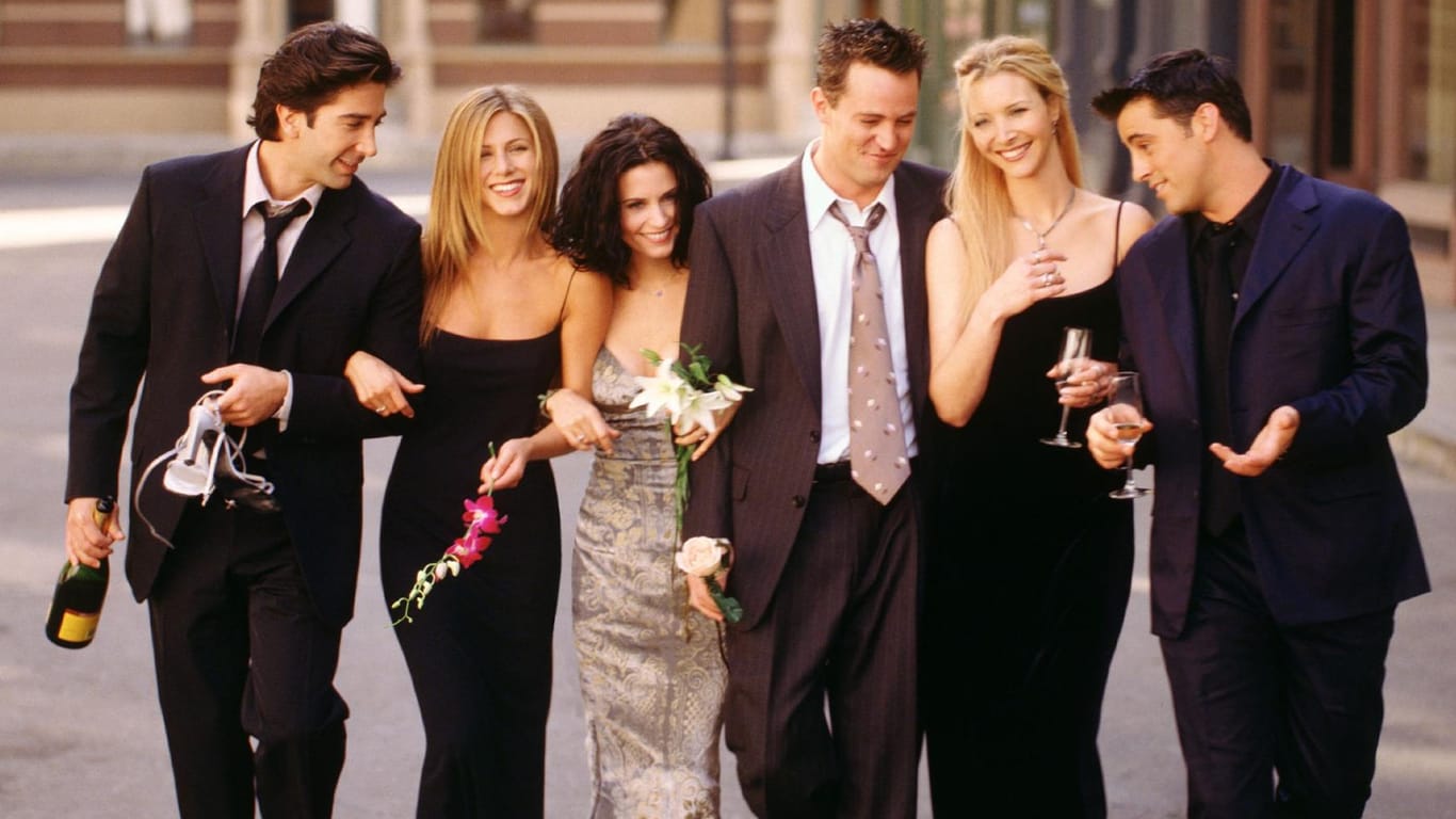 Die Stars aus "Friends": Ross (David Schwimmer), Rachel (Jennifer Aniston), Monica (Courteney Cox), Chandler (Matthew Perry), Phoebe (Lisa Kudrow) und Joey (Matt LeBlanc).