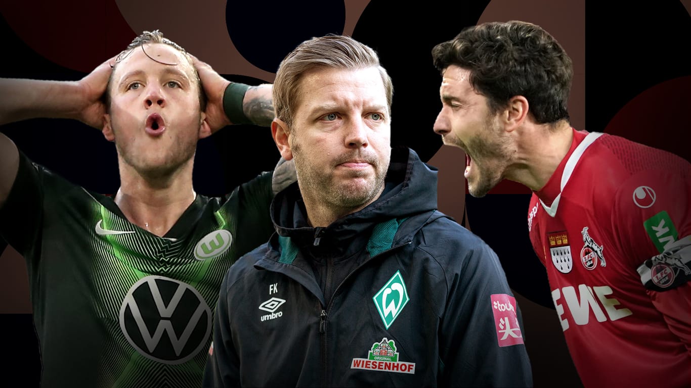 Kämpfen in der unteren Tabellenhälfte um jeden Punkt: Wolfsburgs Weghorst (l.), Werders Trainer Kohfeldt (m.) und Kölns Kapitän Hector (r.).