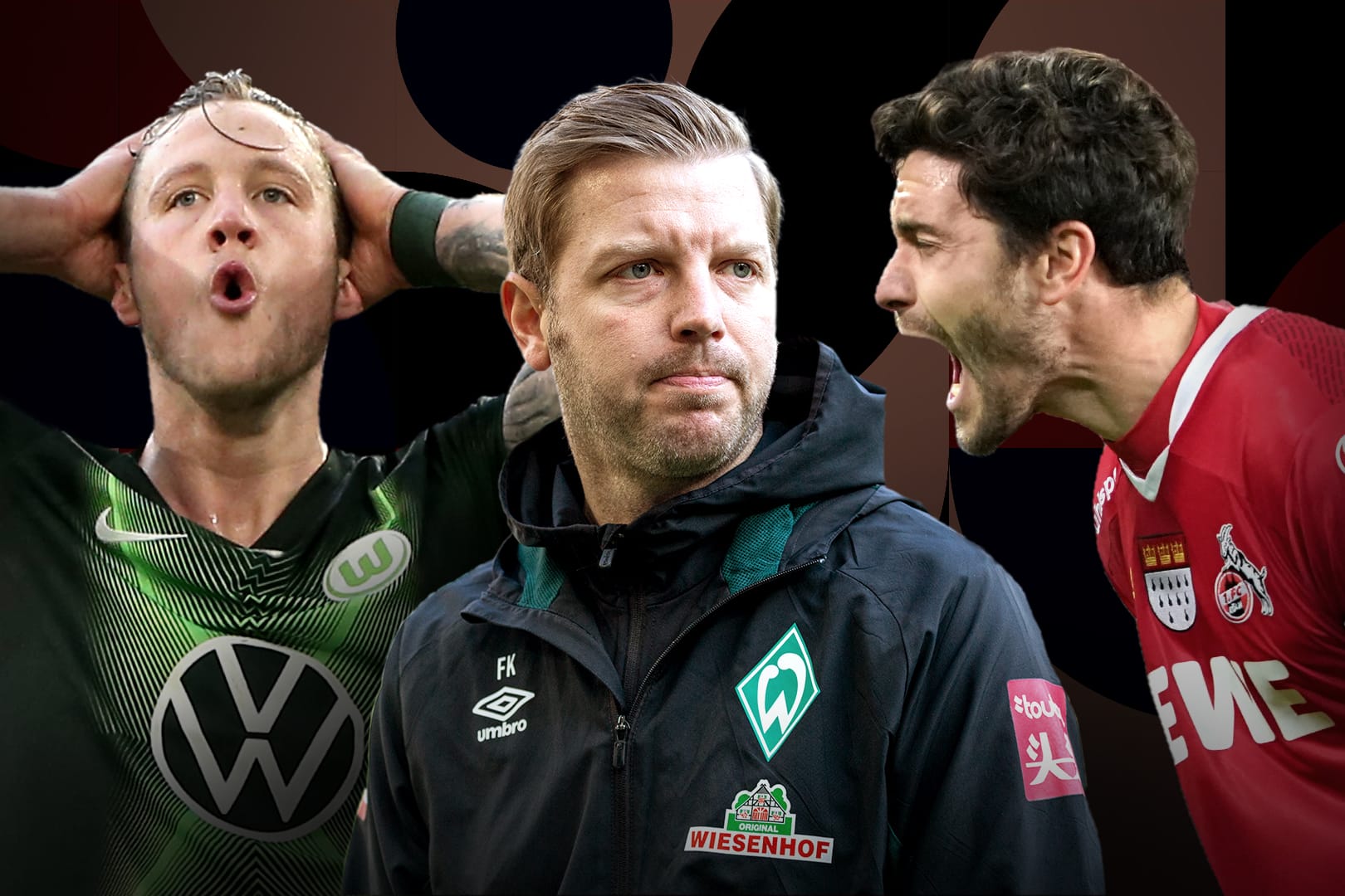 Kämpfen in der unteren Tabellenhälfte um jeden Punkt: Wolfsburgs Weghorst (l.), Werders Trainer Kohfeldt (m.) und Kölns Kapitän Hector (r.).