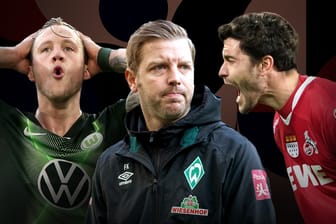 Kämpfen in der unteren Tabellenhälfte um jeden Punkt: Wolfsburgs Weghorst (l.), Werders Trainer Kohfeldt (m.) und Kölns Kapitän Hector (r.).
