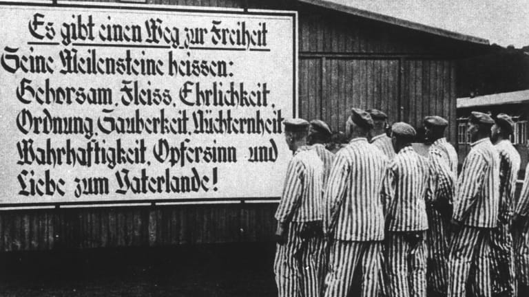 "Belehrung" der Häftlinge im Konzentrationslager Dachau 1934: Für die SS war die Terroreinrichtung eine "Schule der Gewalt".