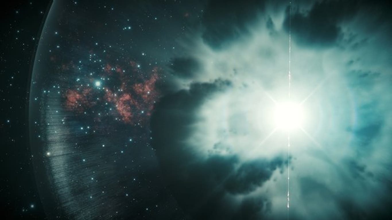 Ein sterbender Stern explodiert und sendet einen Gamma-Ray Burst, einen Gammastrahlenblitz, aus.