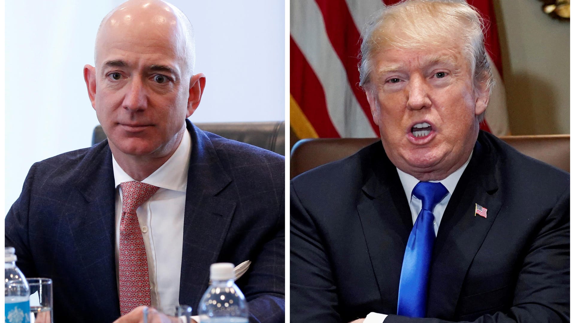 Die Bildkombination zeigt Amazon-Chef Jeff Bezos und US-Präsident Donald Trump: Amazon wirft der Trump-Regierung vor, den Konkurrenten Microsoft aus politischen Gründen zu begünstigen. Die Bildkombination zeigt Amazon-Chef Jeff Bezos und US-Präsident Donald Trump: Amazon wirft der Trump-Regierung vor, den Konkurrenten Microsoft aus politischen Gründen zu begünstigen.