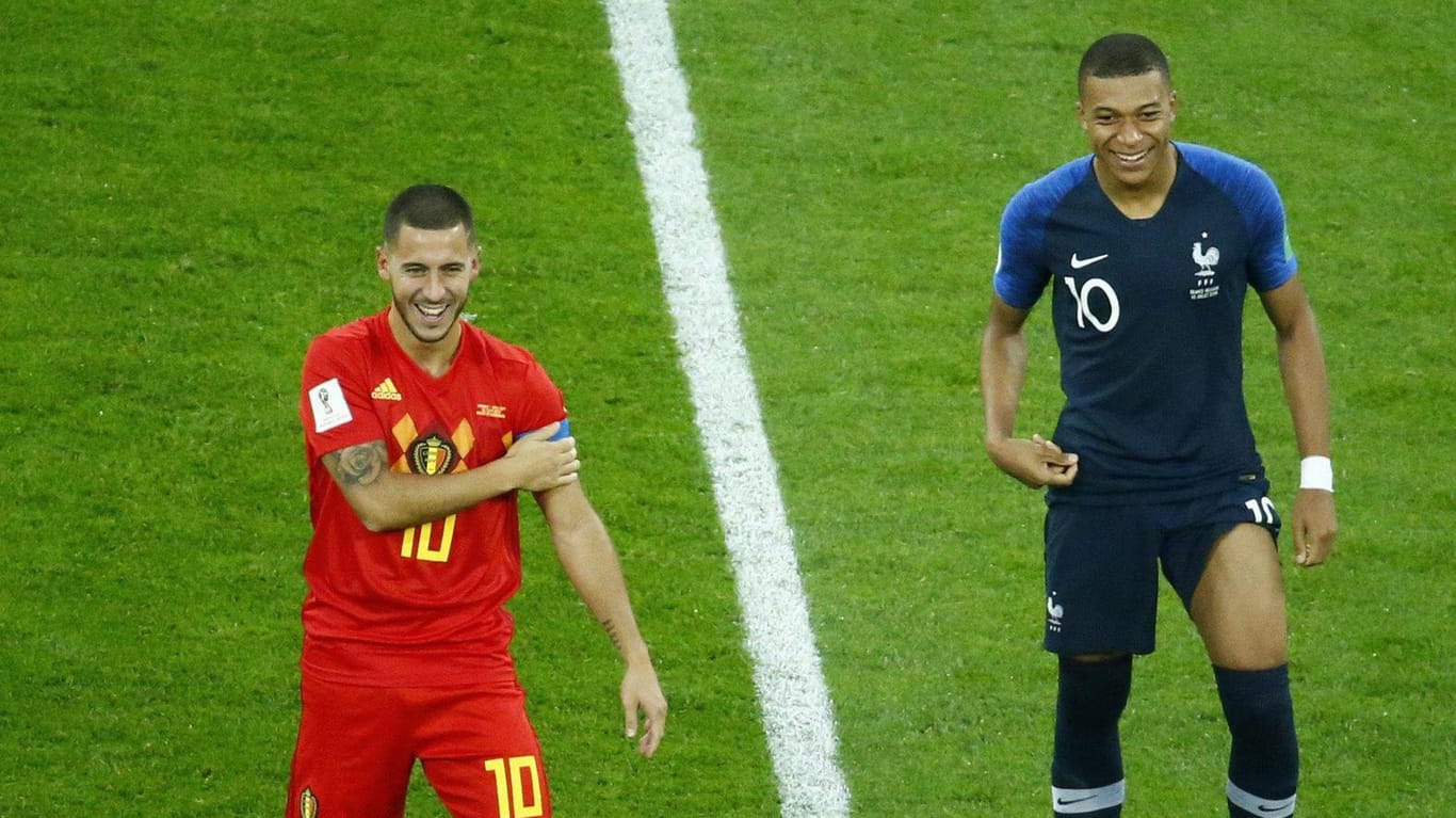 Eden Hazard (li.) und Kylian Mbappe (re.): Die beiden Superstars trafen im WM-Halbfinale 2018 aufeinander.