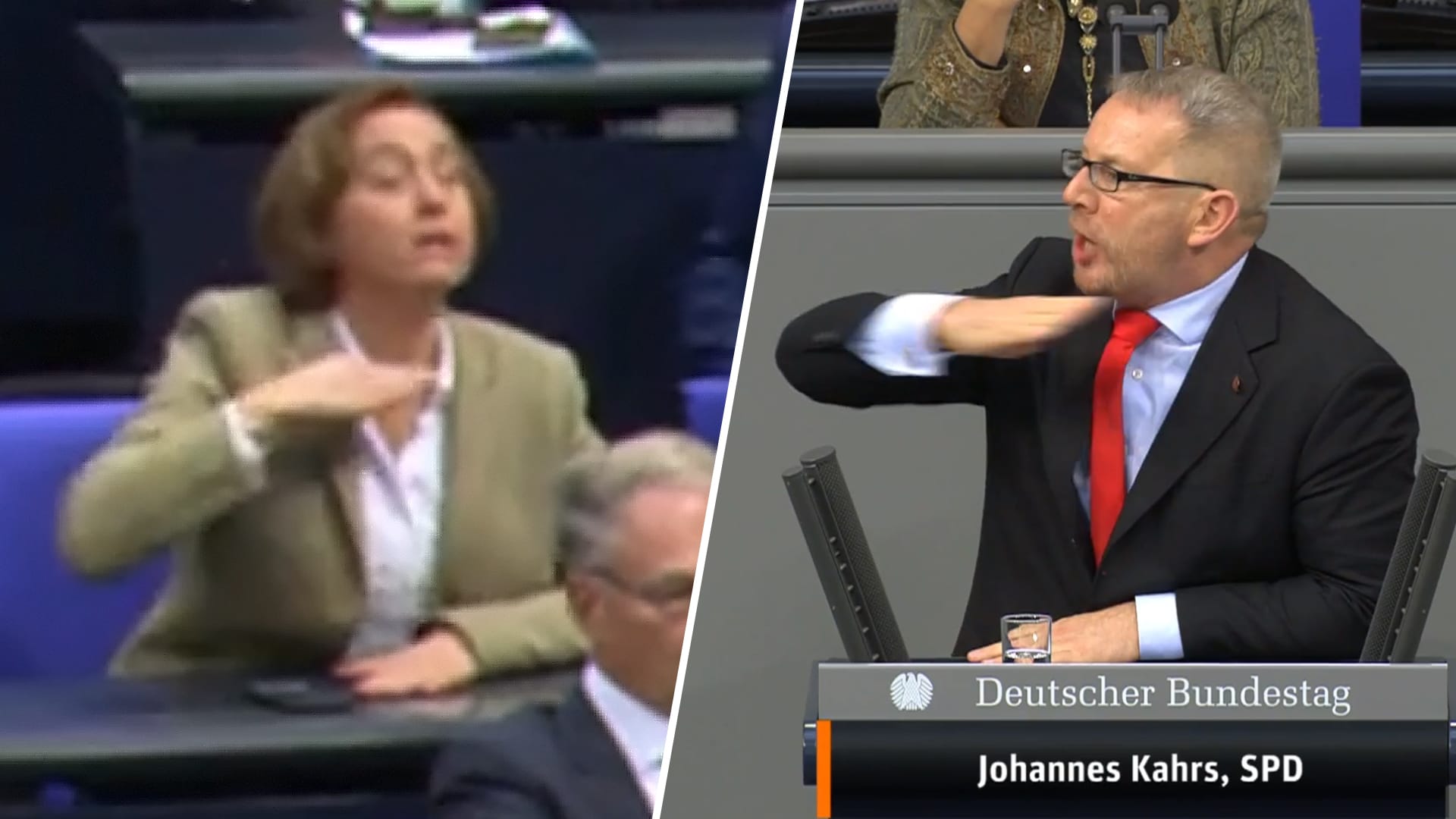 Kopf-ab-Gesten? Übertriebene Empfindlichkeit. Johannes Kahrs (SPD) hatte gezeigt, bis wohin ihm die AfD steht, Betraix von Storch machte das nach und deutete es als Beleidigung.