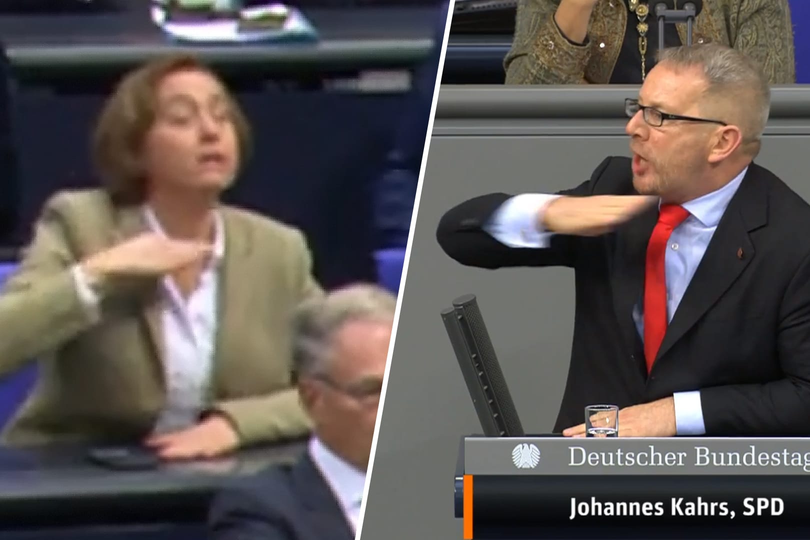 Kopf-ab-Gesten? Übertriebene Empfindlichkeit. Johannes Kahrs (SPD) hatte gezeigt, bis wohin ihm die AfD steht, Betraix von Storch machte das nach und deutete es als Beleidigung.