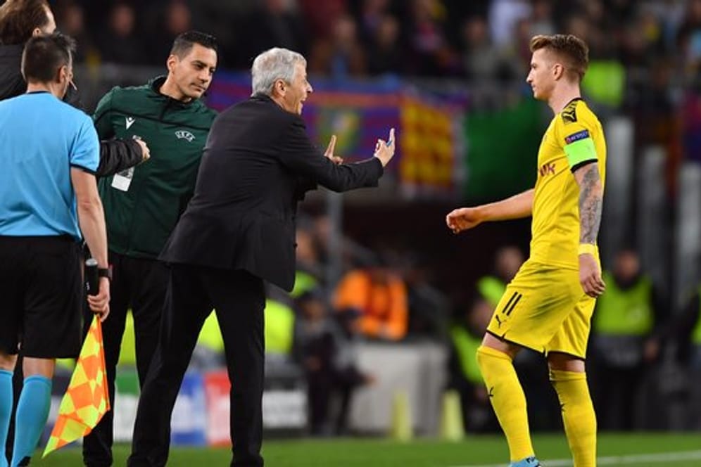 BVB-Trainer Lucien Favre spricht mit Marco Reus.