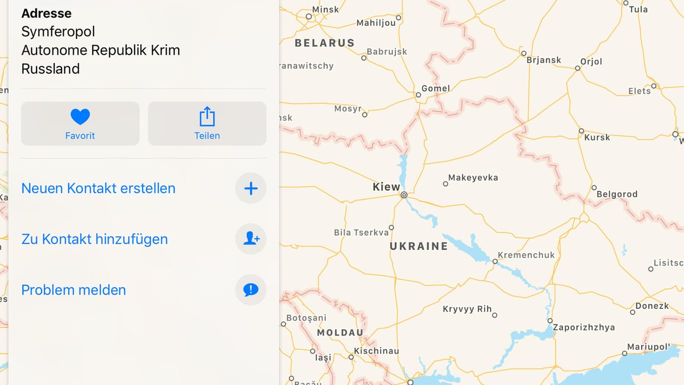 Der Screenshot zeigt einen Ausschnitt von Apple Maps auf einem iPad: Der Ort Symferopol auf der Schwarzmeer-Halbinsel Krim wird in Russland nun offiziell als russisches Staatsgebiet bezeichnet.