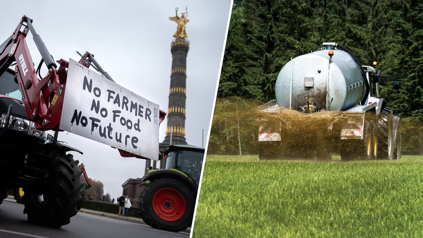 Traktoren beim Protest in Berlin und auf dem Feld: Deutschland drohen durch hohe Nitratwerte im Grundwasser Strafzahlungen.