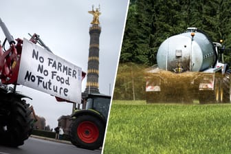 Traktoren beim Protest in Berlin und auf dem Feld: Deutschland drohen durch hohe Nitratwerte im Grundwasser Strafzahlungen.