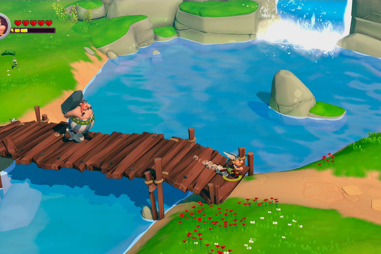 Das Bild zeigt eine Szene aus dem Spiel "Asterix und Obelix XXL 3: Der Kristall-Hinkelstein": In dem Titel können zwei Spieler gemeinsam als Asterix und Obelix ins Abenteuer ziehen.