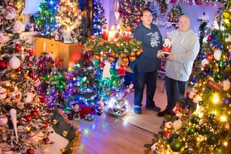 Susanne und Thomas Jeromin inmitten von Weihnachtsbäumen in ihrem Wohnzimmer: Schon im Sommer starteten die Vorbereitungen.