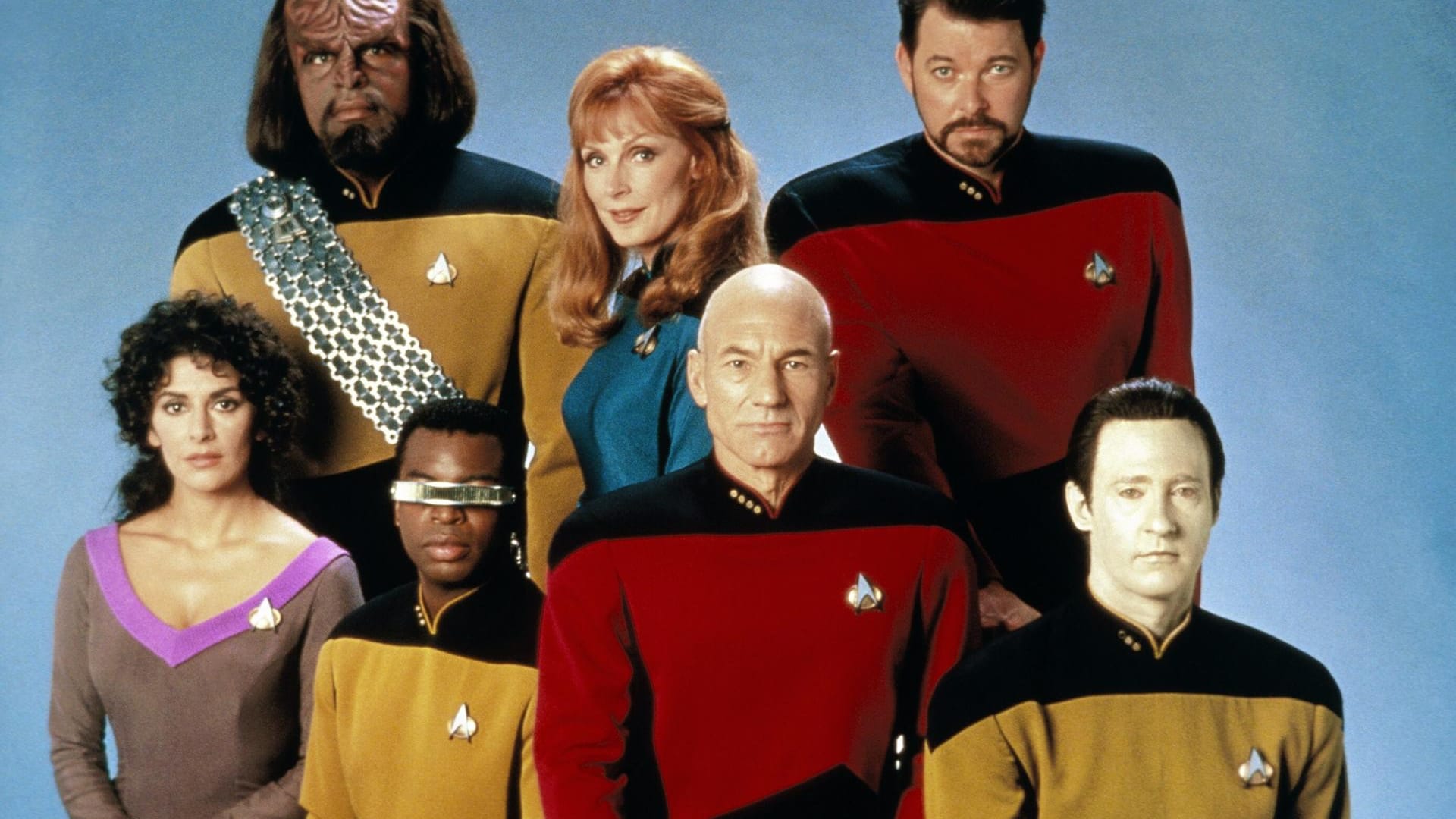 Die Crew aus "Star Trek - Das nächste Jahrhundert": Marina Sirtis, Michael Dorn, Levar Burton, Gates Mcfadden, Patrick Stewart, Jonathan Frakes und Brent Spiner