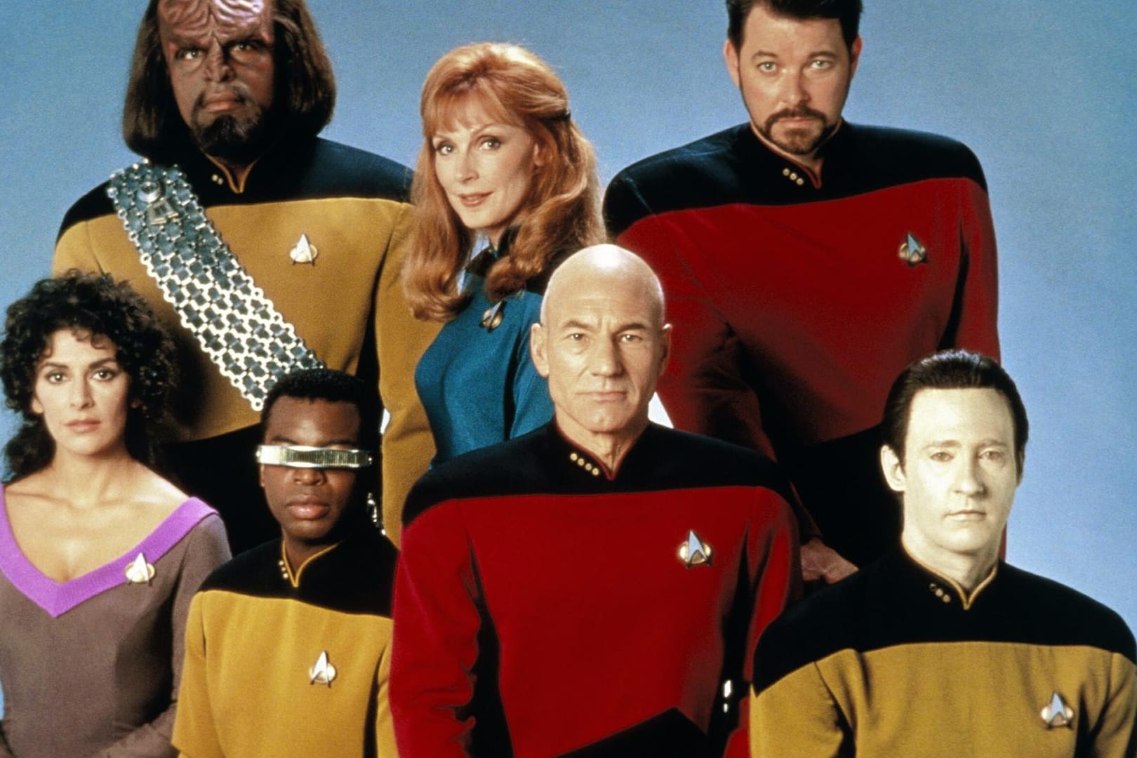 Die Crew aus "Star Trek - Das nächste Jahrhundert": Marina Sirtis, Michael Dorn, Levar Burton, Gates Mcfadden, Patrick Stewart, Jonathan Frakes und Brent Spiner