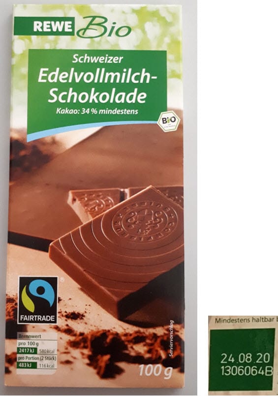 Rewe Bio Schweizer Edelvollmilchschokolade: Dieses Produkt ist von dem Rückruf betroffen.