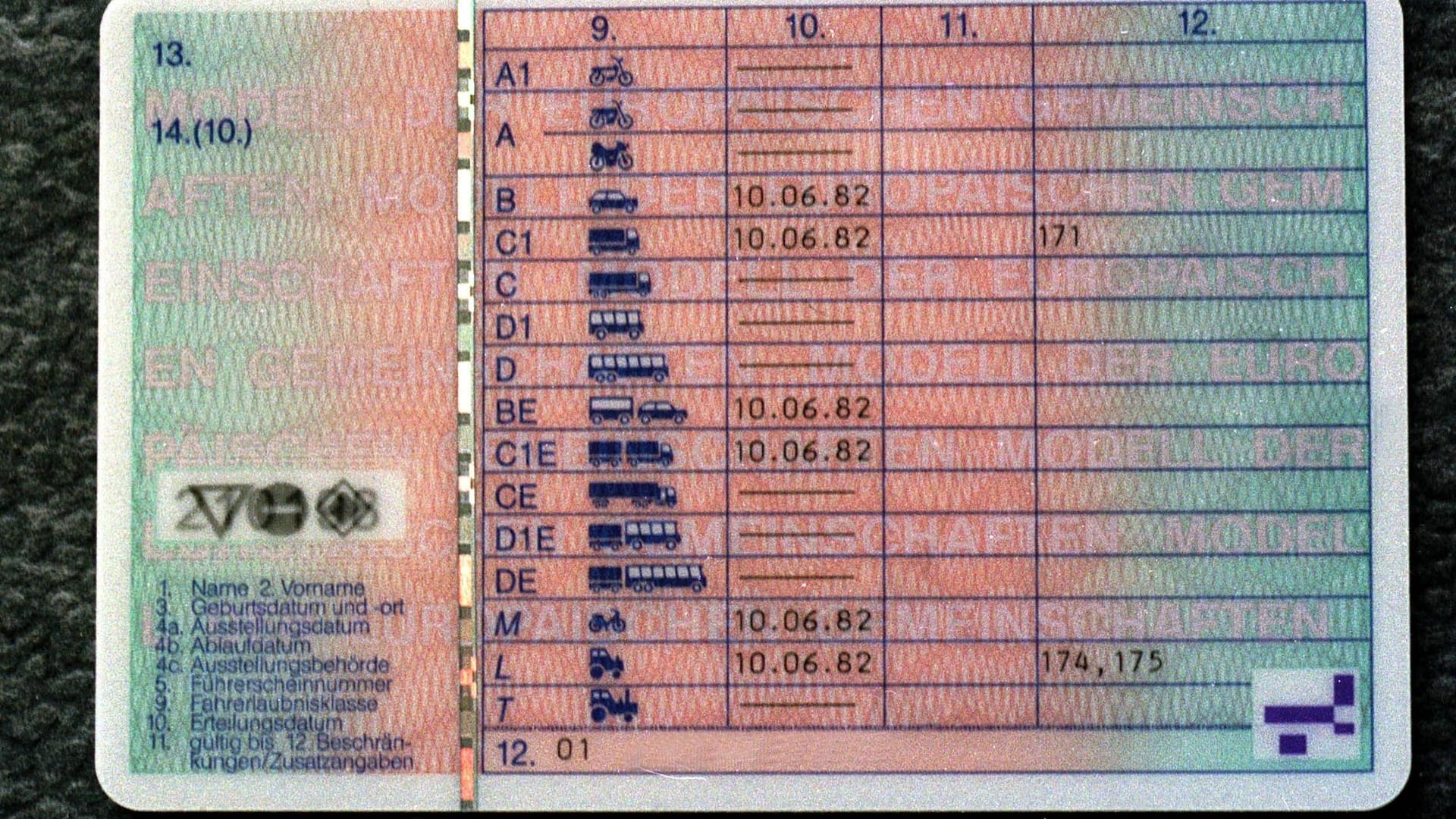 Rückseite des aktuellen Euro-Führerscheins: Unter Ziffer 12 werden alle Einschränkungen aufgeführt, beispielsweise das Tragen einer Sehhilfe oder eines Augenschutzes (Schlüsselzahl 01).