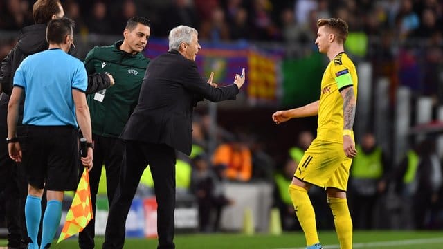 Stärkt seinem Kapitän Marco Reus (r) den Rücken: BVB-Coach Lucien Favre.