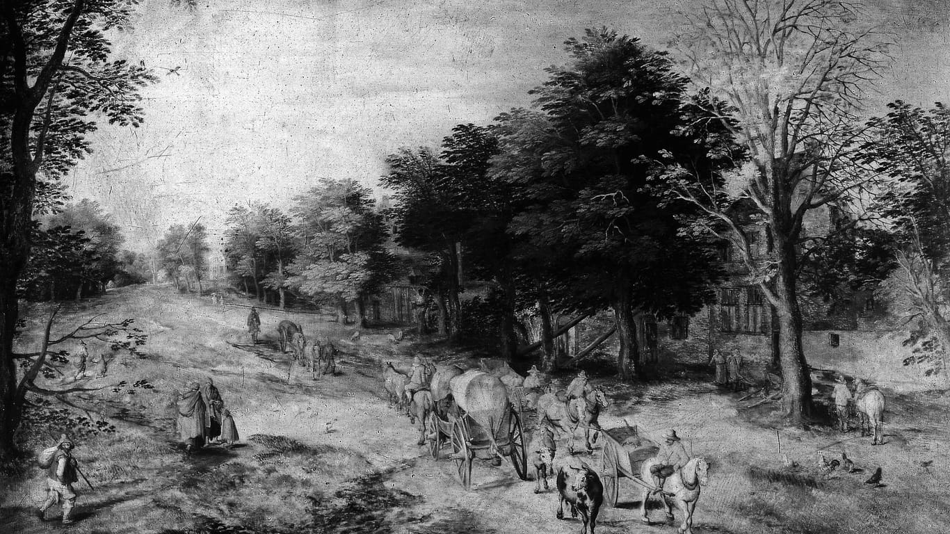 «Landstraße mit Bauernwagen und Kühen» von Jan Brueghel d.Ä. (Schwarzweiß Foto): Es soll eine Übergabe der Bilder nach Verhandlungen gegeben haben.