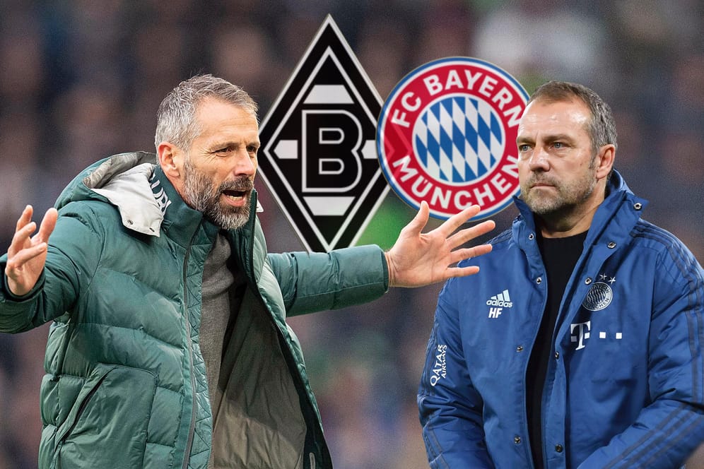 Marco Rose (l) gegen Hansi Flick: Heute empfängt Borussia Mönchengladbach den FC Bayern zum Topspiel.