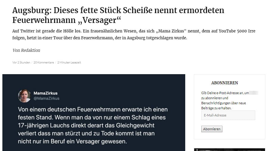 Eine rechtspopulistische Seite bezeichnete "MamaZirkus" zunächst als "Stück Scheiße".