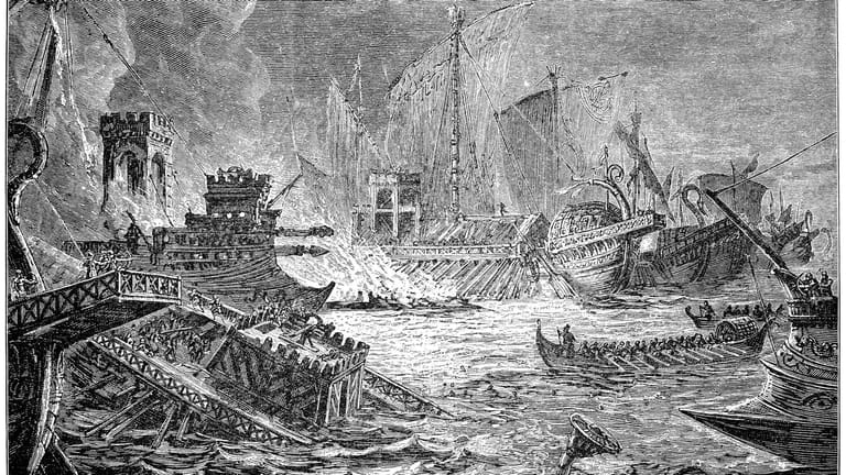 Schlacht von Actium: 31 vor Christus besiegte Gaius Octavius die vereinigten Flotten von Marcus Antonius und Kleopatra.