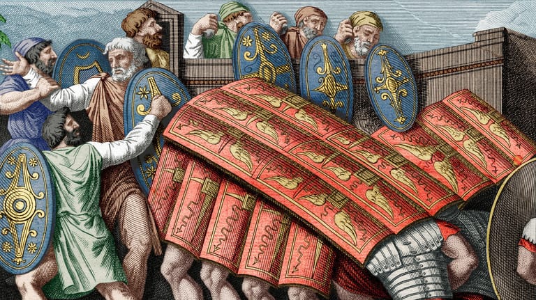 Römische Soldaten (farbige Illustration, basierend auf einer Abbildung der Trajanssäule): Neben ihren Schilden wurden die Legionäre auch von ihren Körperrüstungen geschützt.